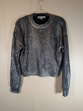 METALLIC Silver Black Chunky Knit Sweater Madden Girl Cropped Holiday Glam L NWT